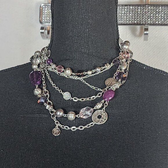 Premier Designs Silver Tone Three Strand Purple Silver Bead Coin 32" Necklace - Picture 12 of 16
